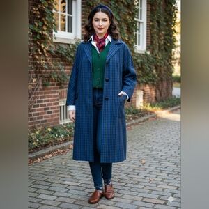 Vintage Lanson Women’s Size L/XL Trench Coat Plaid Blue With Leather Trim